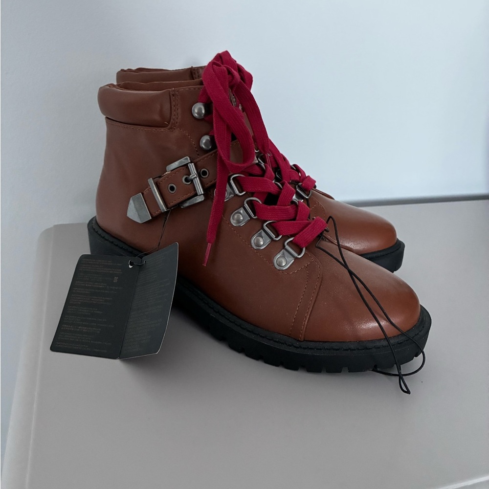 Brown Combat Boots with Red Laces